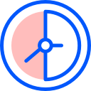 A clock icon featuring a circular design in blue and pink hues