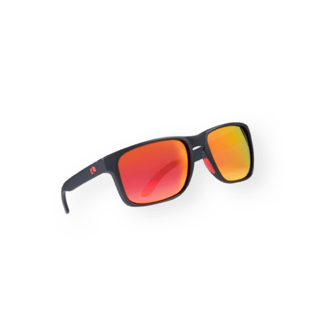 Red-lensed sunglasses on a white background.