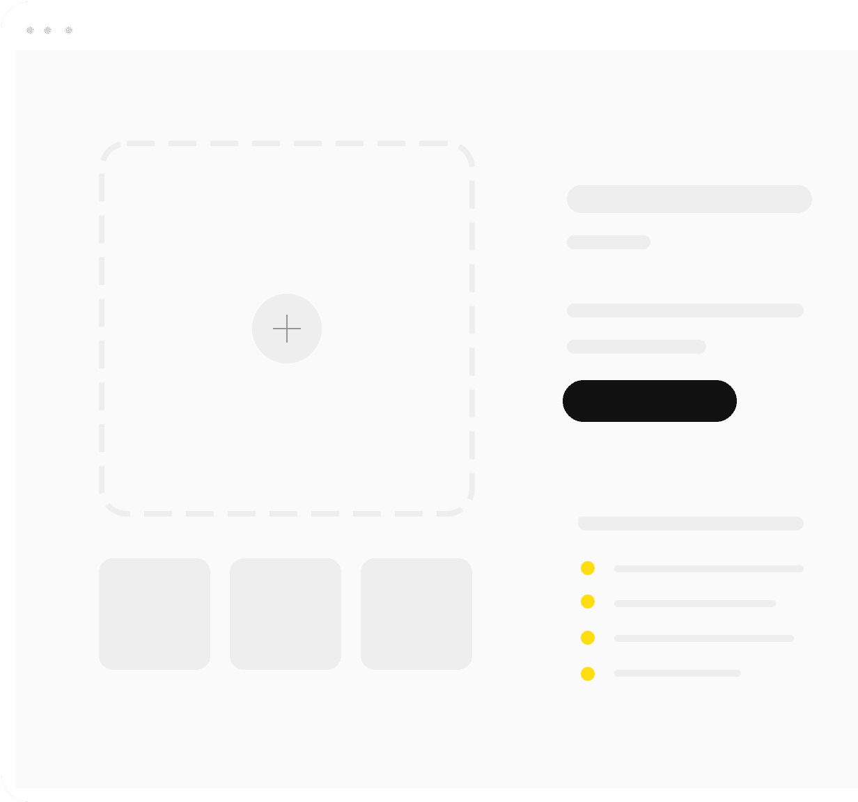 UI design for a website on a white background, displayed on a tablet screen.